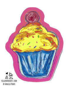 sticker cupcake yellow frosting blue cup pink background yoder