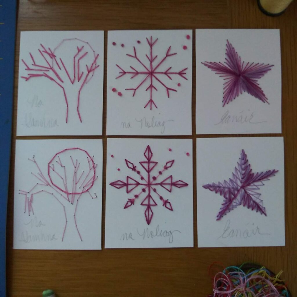 Irish book icons, tree with moon, snowflake, and star