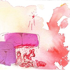 soft watercolor of the holy family in orange and violet